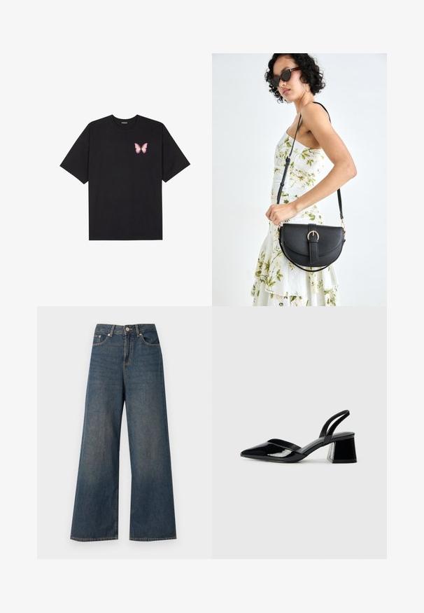 T-shirt de algodão preto com mangas curtas, apresentando um pequeno gráfico de borboleta rosa no lado esquerdo do peito. Design de gola redonda com um corte solto.; Jeans de ganga de perna larga em azul escuro, com um design clássico de cinco bolsos, fecho de botão metálico e detalhes de costura visíveis.; Sandy em verniz preto com salto slingback, ponta afilada e salto geométrico. Apresenta um design elegante e minimalista com textura suave.; Bolsa de couro preta com forma curva, alça destacável e detalhes em dourado. A bolsa possui uma aba com detalhe de fivela.