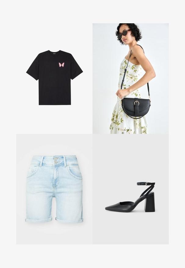 Juodas medvilnės marškinėliai trumpomis rankovėmis, su maža rožine drugelio grafika kairėje krūtinės pusėje. Apvalus kaklo iškirpimas, laisvas kirpimas.; Šviesiai mėlyni džinsiniai šortai su aukštu liemeniu, suktais džinsų atvartais, dviguba sagų uždarymo sistema ir priekinių kišenių dizainu. Lygus paviršius su pabandytu apdaila.; Juoda odinė smailiagalė aukštakulnio bateliai su kulkšnies dirželiu ir storu kulnu. Lygus paviršius, elegantiškas dizainas ir minimalistiška estetinė. ; Juodas odinis krepšys su išlenkta forma, nuimamu dirželiu ir auksiniais detalėmis. Krepšys turi kilpą su sagtimi.