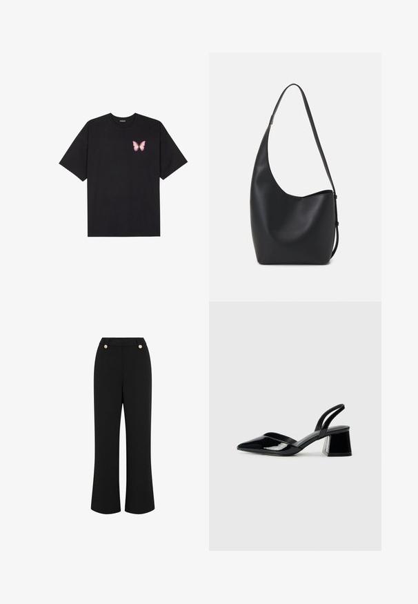 T-shirt en coton noir à manches courtes, avec un petit graphique de papillon rose sur la poitrine gauche. Modèle à col rond avec une coupe décontractée.; Pantalons larges noirs avec une texture lisse, dotés d'une taille haute, de deux boutons dorés et d'un design ajusté. Pas de poches visibles.; Escarpins en cuir verni noir avec bout pointu et talon bloc géométrique. Présente un design élégant et minimaliste ainsi qu'une texture lisse.; Sac hobo en cuir noir avec une texture lisse, une forme incurvée et une seule sangle réglable ; dispose d'une large ouverture en haut.