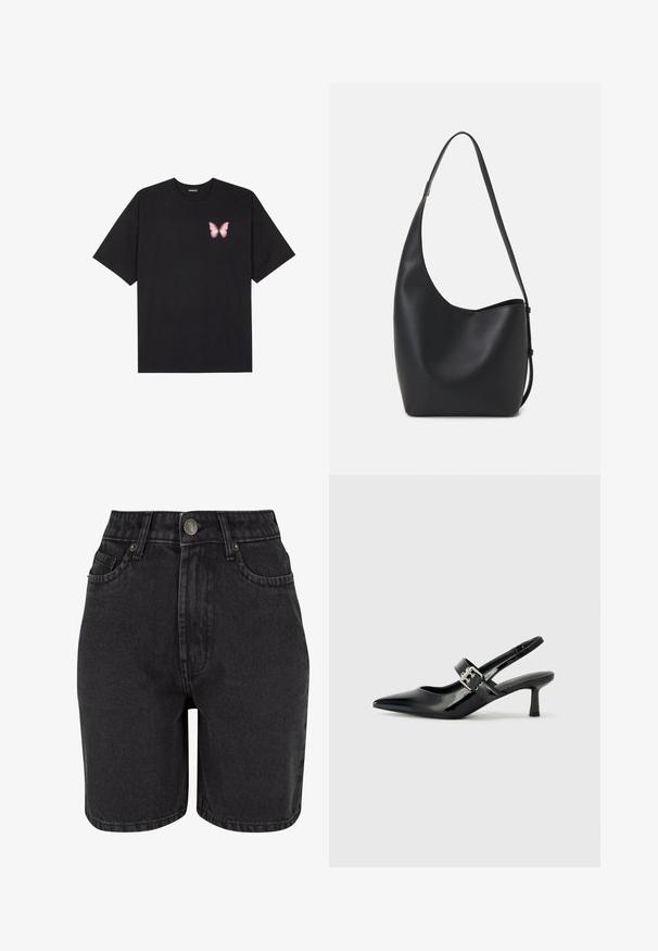 Fekete pamut póló rövid ujjakkal, bal mellkason egy kis rózsaszín pillangó grafikával. Kerek nyakú kialakítás, laza fazonnal.; Fekete farmer rövidnadrág magas derekkal, öt zsebes kialakítással és fém gombos záródással. Az anyag sima textúrájú, enyhe fakulással.; Fekete lakkbőr slingback sarkú cipők hegyes orral és kis blokk talppal, ezüst csat díszítéssel a pánton.; Fekete bőr hobo táska sima textúrával, ívelt formával és egyetlen állítható pánttal; széles nyílás található a tetején.