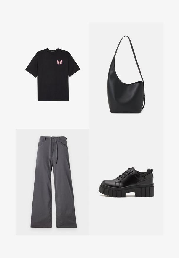 Fekete pamut póló rövid ujjakkal, bal mellkason egy kis rózsaszín pillangó grafikával. Kerek nyakú kialakítás, laza fazonnal.; Szürke, bő szárú nadrág sima anyagból, húzózsinórral ellátott derékrésszel, elülső zsebekkel és egyenes sziluettel.; Fekete bőr platform cipők vaskos blokk sarkakkal, kerek orral és hagyományos fűzős kialakítással. Simára csiszolt felület és minimális részletezés jellemzi.; Fekete bőr hobo táska sima textúrával, ívelt formával és egyetlen állítható pánttal; széles nyílás található a tetején.
