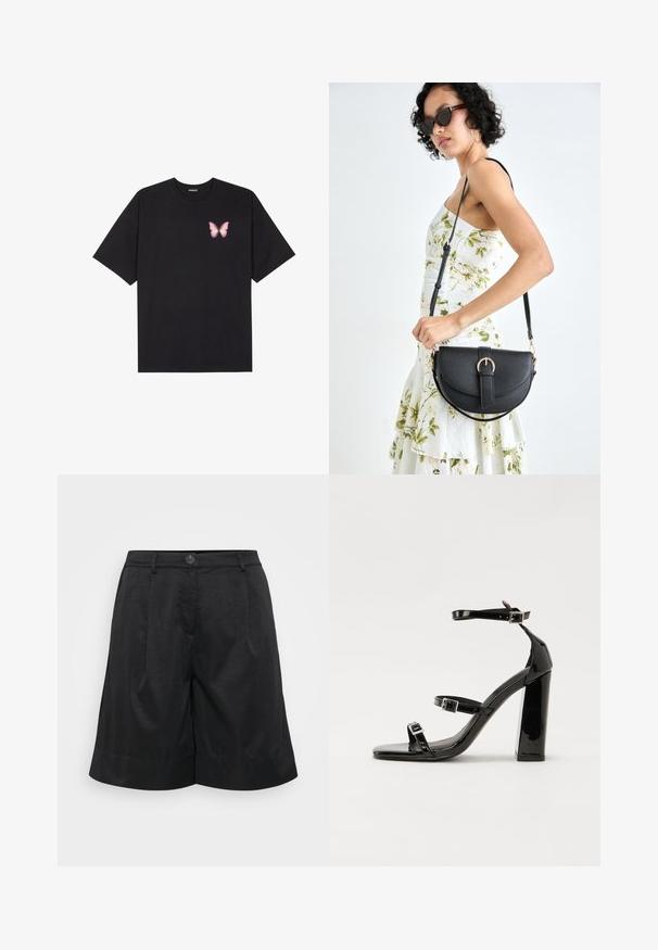T-shirt de algodão preto com mangas curtas, apresentando um pequeno gráfico de borboleta rosa no lado esquerdo do peito. Design de gola redonda com um corte solto.; Calções pretos com um tecido texturizado, apresentando um fecho frontal por botão, pregas, bainha dobrada e bolsos laterais.; Sandálias pretas de verniz com salto alto, duas fivelas, biqueira quadrada e salto largo, apresentando uma textura lisa e brilhante.; Bolsa de couro preta com forma curva, alça destacável e detalhes em dourado. A bolsa possui uma aba com detalhe de fivela.