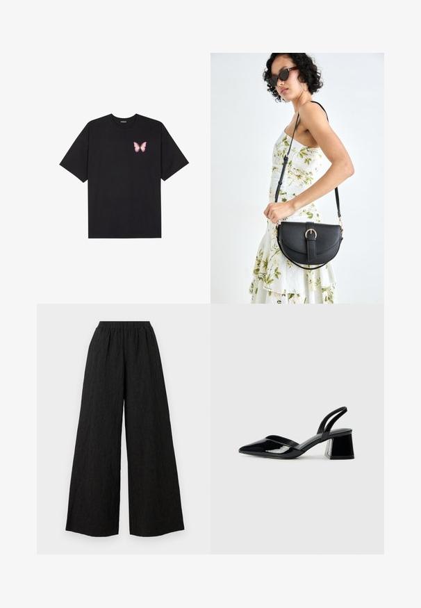 Juodas medvilnės marškinėliai trumpomis rankovėmis, su maža rožine drugelio grafika kairėje krūtinės pusėje. Apvalus kaklo iškirpimas, laisvas kirpimas.; Juodos plačios kelnės, pagamintos iš tekstūruoto audinio, su elastinga juosmens juostele. Kelnės turi laisvą siluetą ir raukšlėtą paviršiaus dizainą.; Juodos lakuotos odinės šlepetės su smailiu pirštu ir geometriniu bloko kulnu. Turi elegantišką, minimalistinį dizainą ir lygų paviršių.; Juodas odinis krepšys su išlenkta forma, nuimamu dirželiu ir auksiniais detalėmis. Krepšys turi kilpą su sagtimi.