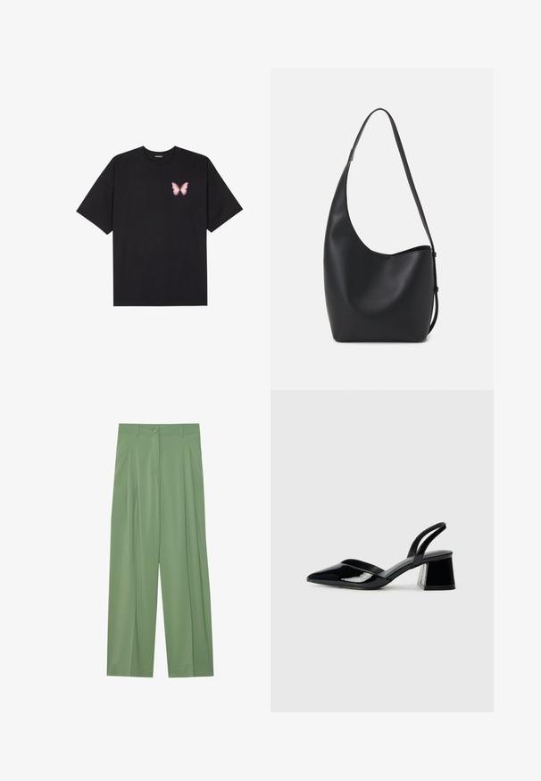 Zwarte katoenen t-shirt met korte mouwen, voorzien van een kleine roze vlinder graphic op de linkerkant van de borst. Crew neck ontwerp met een relaxte fit.; Groene wijde broek van gladde stof. Bevat plooien aan de voorkant, een enkele knoopsluiting en riemlussen.; Zwarte gepatineerde leren slingback hakken met een spitse neus en een geometrische blokhak. Kenmerkt zich door een slank, minimalistisch ontwerp en een gladde textuur.; Zwarte leren hobo tas met een gladde textuur, kromme vorm en een enkele verstelbare schouderband; heeft een brede opening aan de bovenkant.