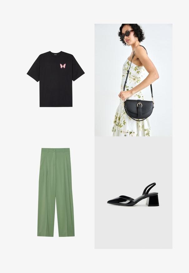 Crna pamučna majica s kratkim rukavima, s malim grafičkim prikazom ružičaste vjetricaste s desne strane na prsima. Dizajn s okruglim izrezom i opuštenim krojem.; Zelene široke hlače izrađene od glatkog materijala. Sadrže utkane nabore sprijeda, zatvaranje na jedan gumb i petlje za remen.; Crne lakirane kožne sandale s otvorenom petom i špicastim vrhom, s geometrijskom blok petom. Imaju elegantan, minimalistički dizajn i glatku teksturu.; Crna kožna torba s lukovitim oblikom, odvojivim remenom i zlatnim detaljima. Torba ima preklop s kopčom.