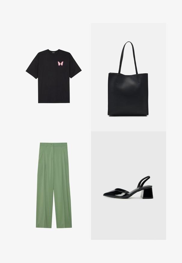 Tricou negru din bumbac cu mâneci scurte, având pe partea stângă a pieptului un mic grafic cu un fluture roz. Design cu guler rotund și croială lejeră.; Pantaloni largi verzi dintr-un material neted. Prezintă pliuri în față, o închidere cu un singur nasture și curea.; Pantofi cu toc slingback din piele lacuită neagră, cu vârf ascuțit și toc geometric. Prezintă un design elegant, minimalist și o textură netedă.; Geantă tote neagră din piele, cu textură netedă, formă rectangulară și două mânere lungi. Fără hardware vizibil sau ornamente.