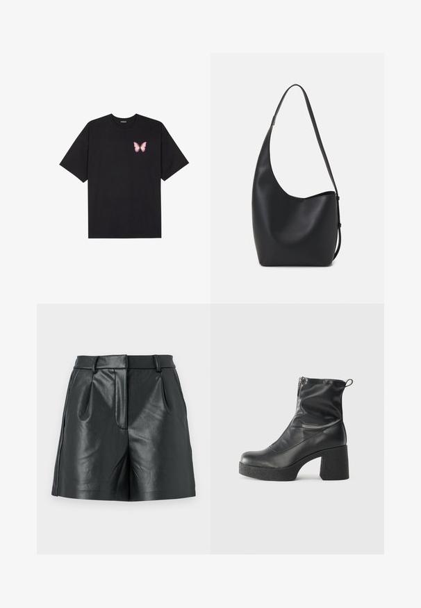 Μαύρο βαμβακερό μπλουζάκι με κοντά μανίκια, διαθέτοντας ένα μικρό ροζ γραφικό πεταλούδας στο αριστερό στήθος. Σχέδιο με στρογγυλή λαιμόκοψη και άνετη εφαρμογή.; ONLY ONLPENNY - Σορτς - black; Μαύρες μποτές μέχρι τον αστράγαλο από λείο δέρμα, με πλευρικό φερμουάρ, χοντρό υφασμάτινο τακούνι και στρογγυλή μύτη.; Μαύρη δερμάτινη tote τσάντα με λείο υφή, καμπύλο σχήμα και μία ρυθμιζόμενη ζώνη. Διαθέτει μεγάλη άνοιγμα στην κορυφή.