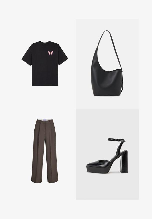 Black cotton t-shirt with short sleeves, featuring a small pink butterfly graphic on the left chest. Crew neck design with a relaxed fit.; Wide-legged trousers in brown fabric, featuring a high waist, front pleats, and a smooth texture. Includes belt loops for added detail.; Black platform heels with a pointed toe and adjustable ankle strap. Constructed from smooth leather, featuring a chunky block heel.; Black leather hobo bag with a smooth texture, curved shape, and single adjustable strap; features a wide opening at the top.