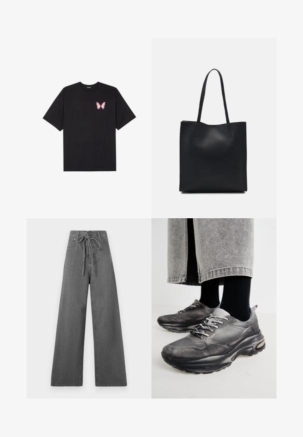 Musta puuvillapaita lyhyillä hihoilla, jossa on pieni vaaleanpunainen perhosgrafiikka vasemmassa rinnassa. Pyöreä kaula-aukko ja rento istuvuus.; Harmaat leveät housut, joissa on naru vyötäröllä, esiteltynä tasaisella valkoisella taustalla.; Musta ja harmaa urheilukengät sisältävät verkkomateriaalista valmistetun päällisen, paksut pohjat ja nauhat. Kenkien kärki on pyöristetty ja niissä on näkyvää pehmustusta.; Mustapahkainen kangaskassi, jossa on sileä pinta, suorakaiteen muotoinen ja kaksi pitkää kahvaa. Ei näkyvää metalliosaa tai koristeita.