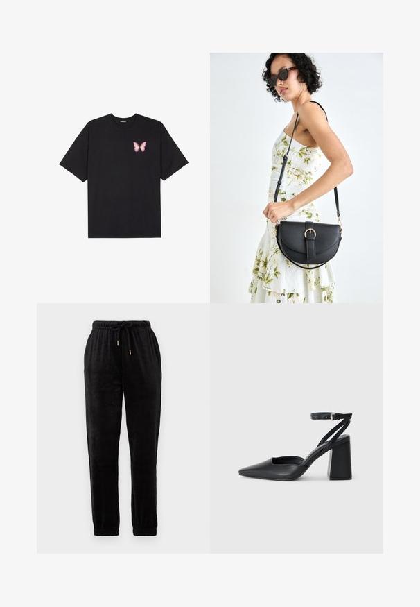 Čierne bavlnené tričko s krátkymi rukávmi, s malým ružovým motýlikom na ľavej hrudi. Design s okrúhlym výstrihom a uvoľneným strihom.; Čierne teplákové nohavice vyrobené z plyšovej látky; elastický pás s nastaviteľnou šnúrkou, zakrivené členky, so zlatými kovovými detailmi.; Čierne kožené lodičky s špicatou špičkou a členkovým remienkom, s masívnym podpätkom. Hladký povrch, elegantný dizajn a minimalistická estetika.; Čierna kožená kabelka s zaobleným tvarom, odnímateľným popruhom a zlatými doplnkami. Kabelka má klopu s detailom s prackou.