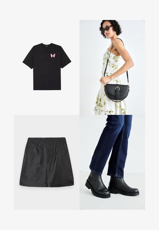 Juodas medvilnės marškinėliai trumpomis rankovėmis, su maža rožine drugelio grafika kairėje krūtinės pusėje. Apvalus kaklo iškirpimas, laisvas kirpimas.; Juodi šortai su elastine juosmens juosta, puošti baltais taškeliais. Pagaminti iš lygios medžiagos, turintys laisvą dizainą.; Juoda odinė kulkšninių botų su storu padu ir šoninėmis elastinėmis detalėmis, derinama su tamsiai mėlynomis džinsais. Žemė šviesios spalvos.; Juodas odinis krepšys su išlenkta forma, nuimamu dirželiu ir auksiniais detalėmis. Krepšys turi kilpą su sagtimi.