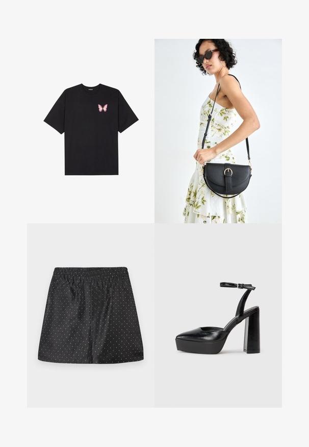 Fekete pamut póló rövid ujjakkal, bal mellkason egy kis rózsaszín pillangó grafikával. Kerek nyakú kialakítás, laza fazonnal.; Fekete rövidnadrág elasztikus derékpánttal, fehér pöttyös mintával. Sima anyagból készült, kényelmes, laza szabással.; Fekete platform magassarkú cipők hegyes orral és állítható bokapánttal. Sima bőrből készült, vastag talppal.; Fekete bőrtáska ívelt formával, levehető pánttal és arany színű fémrészekkel. A táskán egy csattal díszített fedél található.