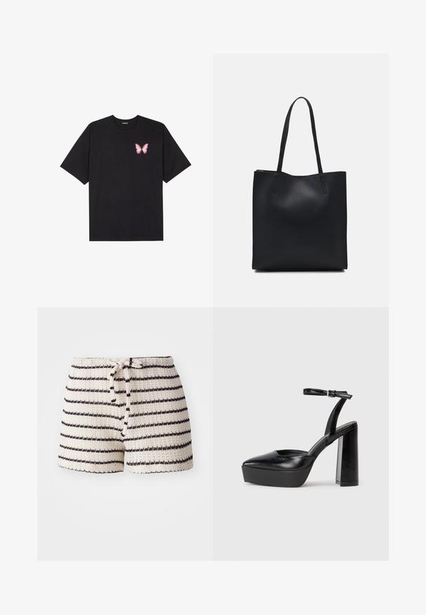 T-shirt en coton noir à manches courtes, avec un petit graphique de papillon rose sur la poitrine gauche. Modèle à col rond avec une coupe décontractée.; Shorts en tricot de couleur crème avec des rayures noires. Comprend une taille avec cordon de serrage et un tissu texturé. Longueur courte, design décontracté.; Escarpins noirs à plateforme avec un bout pointu et une sangle réglable à la cheville. Conçus en cuir lisse, avec un large talon bloc.; Sac fourre-tout en cuir noir avec une texture lisse, de forme rectangulaire et deux longues poignées. Pas de matériel ou d'ornementations visibles.