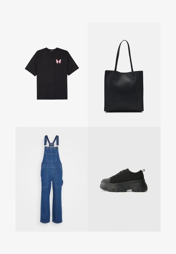 Black cotton t-shirt with short sleeves, featuring a small pink butterfly graphic on the left chest. Crew neck design with a relaxed fit.; Denim overalls in a medium blue hue. Features adjustable straps, front pocket, and wide legs. Smooth texture with basic stitching details.; Black sneakers with a chunky rubber sole, textured fabric upper, round toe, and lace-up design. Features reinforced eyelets and back pull tab.; Black leather tote bag with smooth texture, rectangular shape, and two long handles. No visible hardware or embellishments.