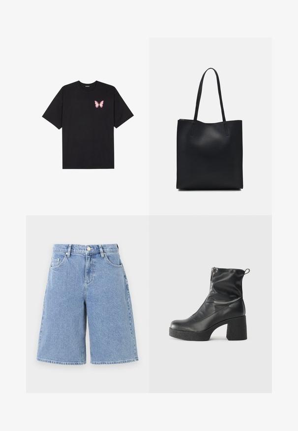 T-shirt de algodão preto com mangas curtas, apresentando um pequeno gráfico de borboleta rosa no lado esquerdo do peito. Design de gola redonda com um corte solto.; Calções de ganga azul-claro com um corte largo, cintura alta, bolsos frontais e bainha dupla. Textura suave com um design clássico.; Botas de tornozelo pretas feitas de couro liso, com fecho lateral, salto grosso texturizado e design de bico arredondado.; Bolsa tote preta em couro com textura lisa, forma retangular e duas alças longas. Sem hardware ou enfeites visíveis.