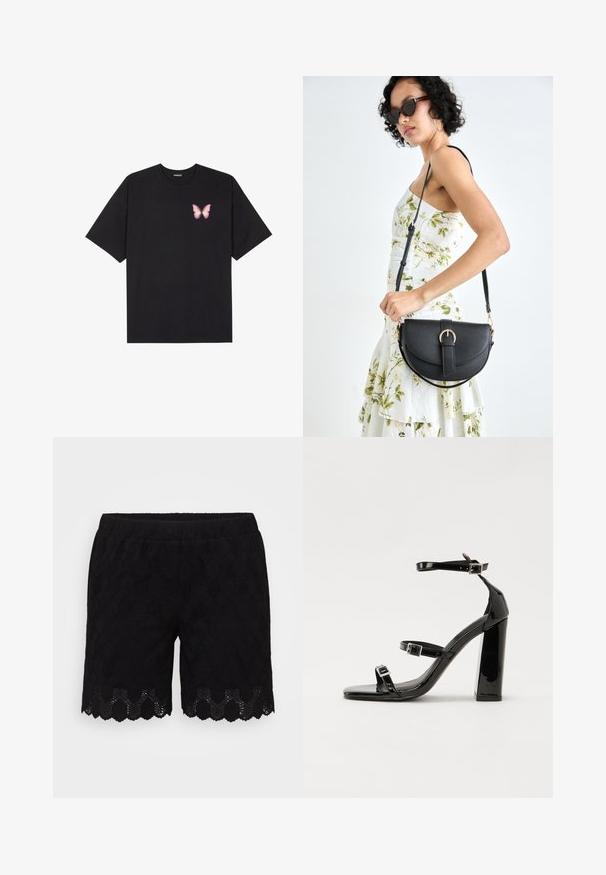 Juodas medvilnės marškinėliai trumpomis rankovėmis, su maža rožine drugelio grafika kairėje krūtinės pusėje. Apvalus kaklo iškirpimas, laisvas kirpimas.; Juodos nėriniuotos šortai su įpjautu apvadu ir deimanto raštu. Elastinga juostos dalis komfortui. Lengva ir kvėpuojanti medžiaga.; Juoda blizgi lakuota basutė su kvadratiniu pirštu, kulkšnies dirželiais ir sidabro sagtimis. Yra tvirta blokinė kulno konstrukcija, užtikrinanti stabilumą.; Juodas odinis krepšys su išlenkta forma, nuimamu dirželiu ir auksiniais detalėmis. Krepšys turi kilpą su sagtimi.