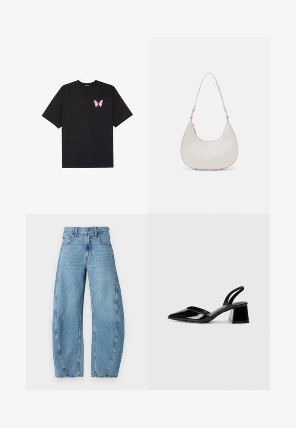 Svart bomullströja med korta ärmar, med en liten rosa fjärilsgrafik på vänster bröst. Rundad halsdesign med en avslappnad passform.; Ljusblå denimjeans med vida ben, som har blekta områden, framfickor och ett distinkt sömnadsmönster längs sidorna.; Svarta lackläder slingback klackar med spetsig tå och geometrisk klack. Har en elegant, minimalistisk design och slät yta.; Krämfärgad läderaxelväska med halvmåneform, tunn rem och subtila sömdetaljer. Minimalistisk design med detaljer i guldfärgad metall.