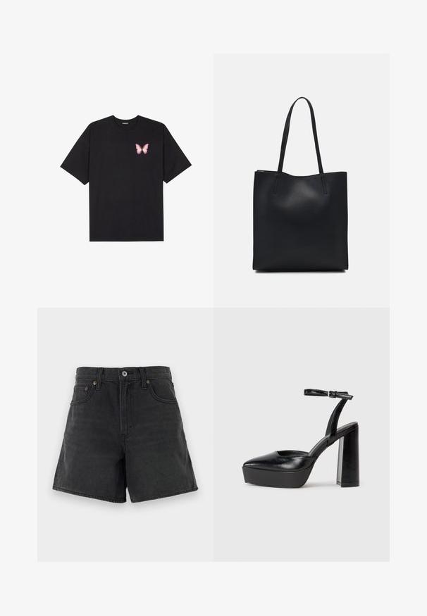 Black cotton t-shirt with short sleeves, featuring a small pink butterfly graphic on the left chest. Crew neck design with a relaxed fit.; Black denim shorts with a classic cut, featuring a button fly, five pockets, and minimal stitching detail. Smooth texture.; Black platform heels with a pointed toe and adjustable ankle strap. Constructed from smooth leather, featuring a chunky block heel.; Black leather tote bag with smooth texture, rectangular shape, and two long handles. No visible hardware or embellishments.