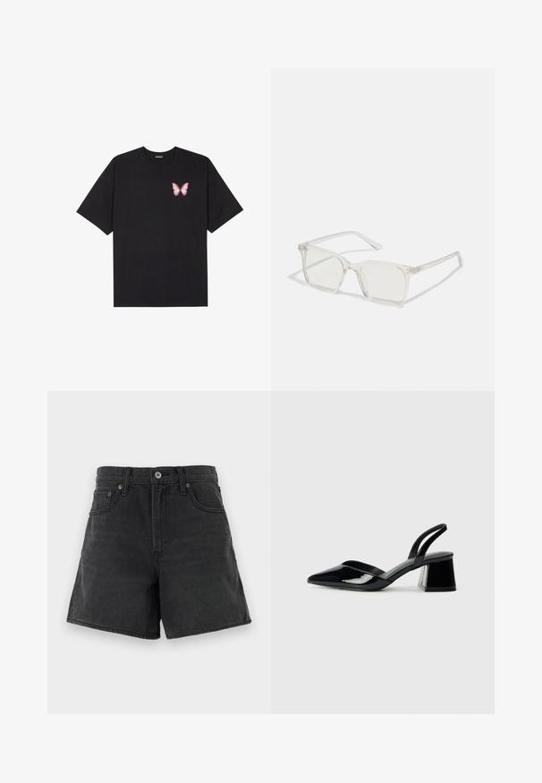 T-shirt en coton noir à manches courtes, avec un petit graphique de papillon rose sur la poitrine gauche. Modèle à col rond avec une coupe décontractée.; Shorts en denim noir avec une coupe classique, dotés d'une fermeture à bouton, de cinq poches et de détails de couture minimalistes. Texture lisse.; Escarpins en cuir verni noir avec bout pointu et talon bloc géométrique. Présente un design élégant et minimaliste ainsi qu'une texture lisse.; Lunettes carrées en plastique transparent avec des verres translucides, dotées d'accents dorés sur les branches pour plus de détails.