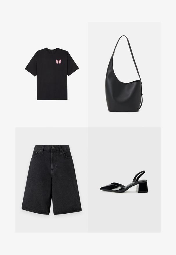 Black cotton t-shirt with short sleeves, featuring a small pink butterfly graphic on the left chest. Crew neck design with a relaxed fit.; Black denim shorts with a relaxed fit, featuring a high waist, five-pocket design, and a button closure at the front.; Black patent leather slingback heels with a pointed toe and a geometric block heel. Features a sleek, minimal design and smooth texture.; Black leather hobo bag with a smooth texture, curved shape, and single adjustable strap; features a wide opening at the top.