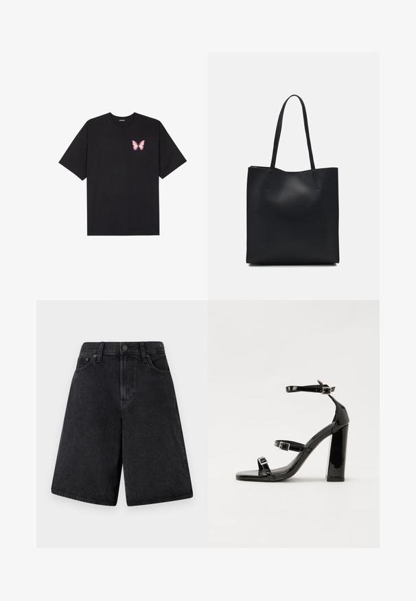 T-shirt en coton noir à manches courtes, avec un petit graphique de papillon rose sur la poitrine gauche. Modèle à col rond avec une coupe décontractée.; Shorts en denim noir à coupe décontractée, avec une taille haute, un design à cinq poches et une fermeture à bouton à l'avant.; Sandales à talons vernies noires avec un bout carré, des sangles autour de la cheville et des boucles en argent. Dotées d'un talon bloc épais pour plus de stabilité.; Sac fourre-tout en cuir noir avec une texture lisse, de forme rectangulaire et deux longues poignées. Pas de matériel ou d'ornementations visibles.