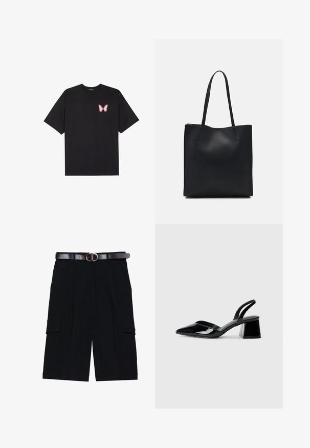 Black cotton t-shirt with short sleeves, featuring a small pink butterfly graphic on the left chest. Crew neck design with a relaxed fit.; Black cargo shorts made from lightweight fabric, featuring a straight cut, side pockets, and a brown leather belt with a silver buckle.; Black patent leather slingback heels with a pointed toe and a geometric block heel. Features a sleek, minimal design and smooth texture.; Black leather tote bag with smooth texture, rectangular shape, and two long handles. No visible hardware or embellishments.