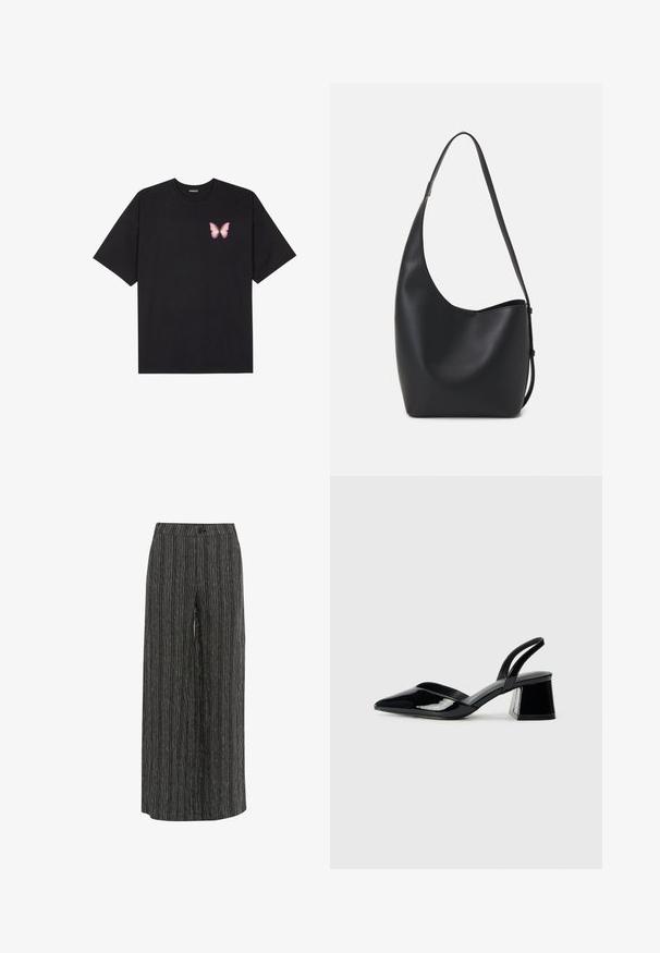 Juodas medvilnės marškinėliai trumpomis rankovėmis, su maža rožine drugelio grafika kairėje krūtinės pusėje. Apvalus kaklo iškirpimas, laisvas kirpimas.; Juosvos kojos kelnės juodai baltos dryžuotos medžiagos. Yra sagčių uždarymas ir glotni tekstūra. Dizainas siūlo laisvą prigludimą ir atsipalaidavusią siluetą.; Juodos lakuotos odinės šlepetės su smailiu pirštu ir geometriniu bloko kulnu. Turi elegantišką, minimalistinį dizainą ir lygų paviršių.; Juodas odinis hobo maišas su lygiu paviršiumi, kreipta forma ir viena reguliuojama rankena; turi platų atidarymą viršuje.