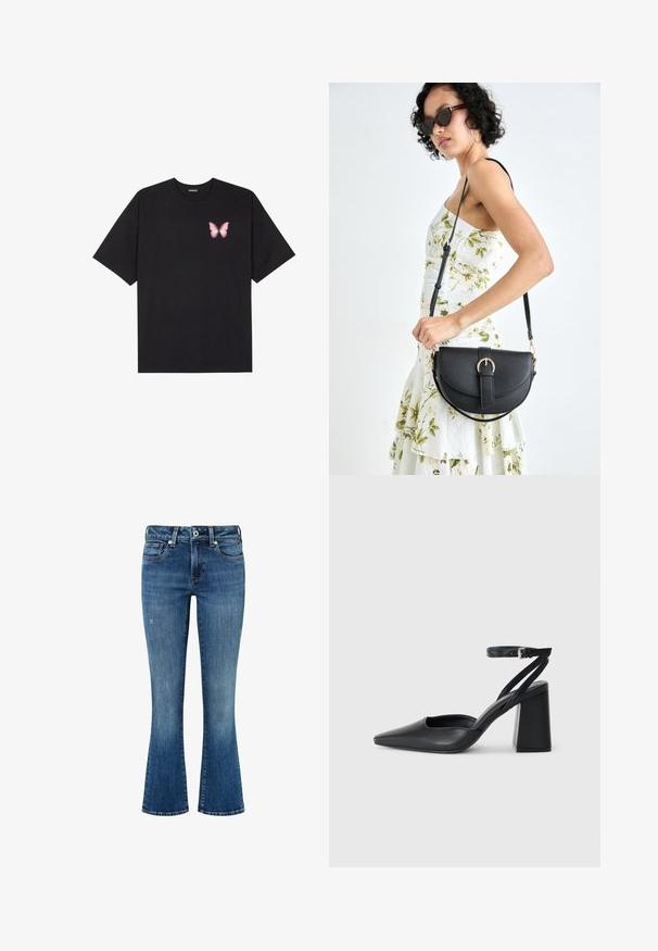 Čierne bavlnené tričko s krátkymi rukávmi, s malým ružovým motýlikom na ľavej hrudi. Design s okrúhlym výstrihom a uvoľneným strihom.; Džínsy s rozšírenými nohavicami v strednom modrom odtieni s vyblednutým vzhľadom. Obsahujú päť vreciek, pútka na opasok a kontrastné šitie pozdĺž švov.; Čierne kožené lodičky s špicatou špičkou a členkovým remienkom, s masívnym podpätkom. Hladký povrch, elegantný dizajn a minimalistická estetika.; Čierna kožená kabelka s zaobleným tvarom, odnímateľným popruhom a zlatými doplnkami. Kabelka má klopu s detailom s prackou.