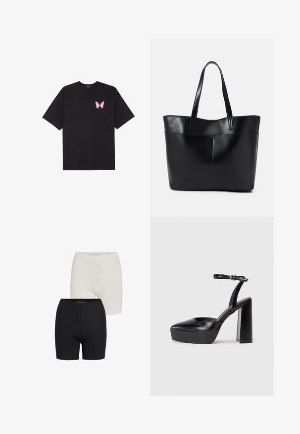 T-shirt de algodão preto com mangas curtas, apresentando um pequeno gráfico de borboleta rosa no lado esquerdo do peito. Design de gola redonda com um corte solto.; Calções de tecido elástico em preto e branco com um design sem costuras, apresentando uma faixa elástica na cintura e uma textura suave.; Saltos altos pretos com bico fino e atilho ajustável no tornozelo. Confeccionados em couro suave, apresentam um salto bloco robusto.; Bolsa tote preta em couro com duas alças longas, textura suave e forma estruturada. Apresenta um bolso frontal para armazenamento adicional.