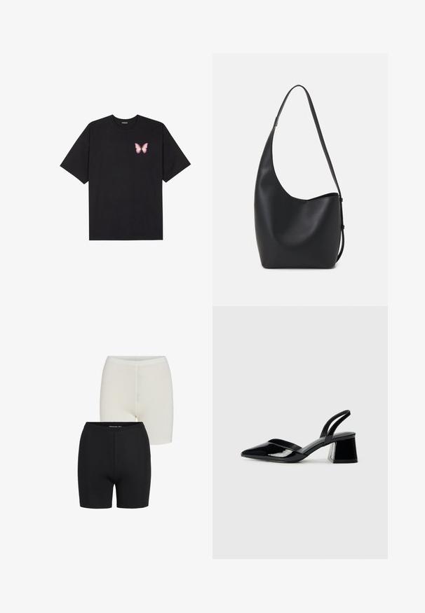 Camiseta de algodón negra de manga corta, con un pequeño gráfico de mariposa rosa en el lado izquierdo del pecho. Diseño de cuello redondo con un corte relajado.; Pantalones cortos de tela elástica en blanco y negro con un diseño sin costuras, que cuentan con una cinturilla elástica y una textura suave.; Zapatos de tacón slingback de charol negro con punta afilada y tacón geométrico en bloque. Presentan un diseño elegante y minimalista, así como una textura suave.; Bolso tipo hobo de cuero negro con una textura suave, forma curvada y una sola correa ajustable; presenta una amplia apertura en la parte superior.