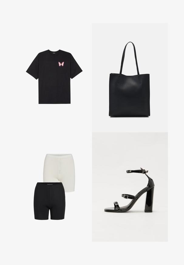 Fekete pamut póló rövid ujjakkal, bal mellkason egy kis rózsaszín pillangó grafikával. Kerek nyakú kialakítás, laza fazonnal.; Fekete-fehér, rugalmas anyagú, varrás nélküli rövidnadrág, elasztikus derékkal és sima felülettel.; Fekete lakk magas sarkú szandál két csatos pánttal, négyzet alakú orral és tömzsi blokk sarokkal, sima, fényes felülettel.; Fekete bőrtáska sima felszínnel, téglalap alakú, két hosszú füllel. Nincs látható fémkiegészítő vagy díszítés.