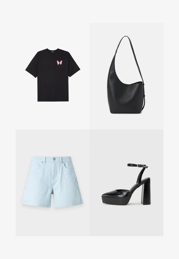 Black cotton t-shirt with short sleeves, featuring a small pink butterfly graphic on the left chest. Crew neck design with a relaxed fit.; Light blue striped shorts with a high waist, front pockets, and a metal button closure. Fabric features a soft texture and a tailored fit.; Black platform heels with a pointed toe and adjustable ankle strap. Constructed from smooth leather, featuring a chunky block heel.; Black leather hobo bag with a smooth texture, curved shape, and single adjustable strap; features a wide opening at the top.
