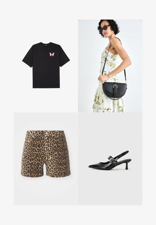 Musta puuvillapaita lyhyillä hihoilla, jossa on pieni vaaleanpunainen perhosgrafiikka vasemmassa rinnassa. Pyöreä kaula-aukko ja rento istuvuus.; Shortsit, joissa on leopardikuosi ruskeansävyissä, varustettuna taskuilla, nappikiinnityksellä ja kapealla muotoilulla. Valmistettu kevyestä kankaasta.; Musta patenttinaahkakengät, joissa on osoittava kärki ja pieni lohko korko, varustettuna hopeisella soljella hihnassa.; Musta nahkainen käsilaukku, joka on kaareva muotoilultaan, irrotettavalla hihnalla ja kultaisilla yksityiskohdilla. Laukussa on läppä, jossa on solk yksityiskohta.