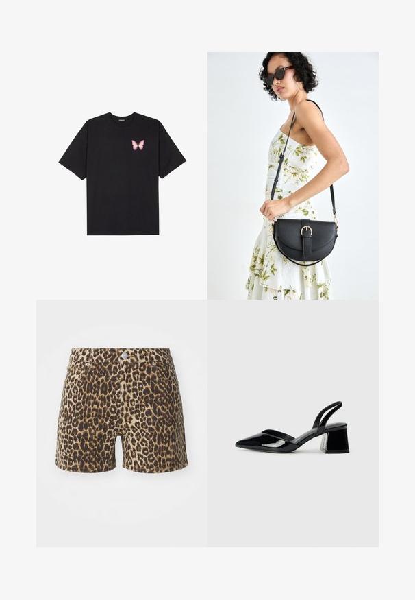 T-shirt de algodão preto com mangas curtas, apresentando um pequeno gráfico de borboleta rosa no lado esquerdo do peito. Design de gola redonda com um corte solto.; Calções em padrão de leopardo nas tonalidades de bege e castanho, com bolsos, fecho de botão e um design ajustado. Feitos de tecido leve.; Sandy em verniz preto com salto slingback, ponta afilada e salto geométrico. Apresenta um design elegante e minimalista com textura suave.; Bolsa de couro preta com forma curva, alça destacável e detalhes em dourado. A bolsa possui uma aba com detalhe de fivela.