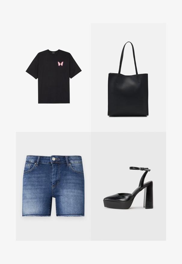 Svart bomulls T-skjorte med korte ermer, med en liten rosa sommerfugl grafikk på venstre bryst. Crew-neck design med en avslappet passform.; Dongeribukser i en mellemblå vask med lige pasform. Har slidte områder, en forlomme og en rå kant i bunden.; Sorte plattformhelter med spiss tå og justerbar ankelrem. Laget av glatt lær, med en robust blokkhel.; Svart lær tote bag med glatt tekstur, rektangulær form og to lange håndtak. Ingen synlige deler eller dekorasjoner.