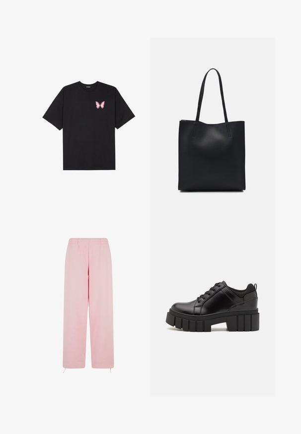 Musta puuvillapaita lyhyillä hihoilla, jossa on pieni vaaleanpunainen perhosgrafiikka vasemmassa rinnassa. Pyöreä kaula-aukko ja rento istuvuus.; Vaaleanpunaiset collegehousut pehmeästä kankaasta, joissa on joustava vyötärö, suorat lahkeet ja säädettävät nauhat helmassa.; Mustat nahkakengät, joissa on lättihenkinen korko, pyöreä kärki ja perinteinen nauhakiinnitys. Ominaisuuksiin kuuluu sileä pintakuvio ja minimaalinen yksityiskohtaisuus.; Mustapahkainen kangaskassi, jossa on sileä pinta, suorakaiteen muotoinen ja kaksi pitkää kahvaa. Ei näkyvää metalliosaa tai koristeita.