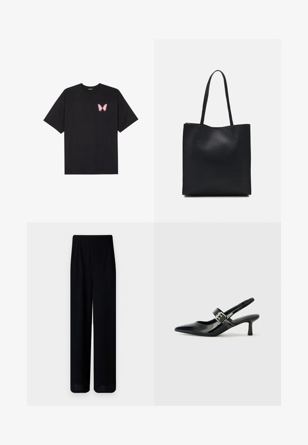 T-shirt de algodão preto com mangas curtas, apresentando um pequeno gráfico de borboleta rosa no lado esquerdo do peito. Design de gola redonda com um corte solto.; Vero Moda Petite VMLIVA SUPER WIDE PANTS - Calças - black; Saltos slingback em verniz preto com bico pontiagudo e um pequeno salto bloco, apresentando um detalhe de fivela prateada na tira.; Bolsa tote preta em couro com textura lisa, forma retangular e duas alças longas. Sem hardware ou enfeites visíveis.