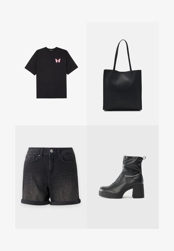 Crna pamučna majica s kratkim rukavima, s malim grafičkim prikazom ružičaste vjetricaste s desne strane na prsima. Dizajn s okruglim izrezom i opuštenim krojem.; Crne traper kratke hlače s prevrnutim rubom, dizajnom s pet džepova i prednjim kopčanjem na dugme. Tkanina ima blago izblijedjeli izgled.; Crne gležnjače od glatke kože, s bočnim zatvaračem, debelim teksturiranim potplatom i dizajnom s zaobljenim prstima.; Crna kožna torba za nošenje s glatkom teksturom, pravokutnim oblikom i dvije duge ručke. Nema vidljivih metalnih dijelova ili ukrasa.