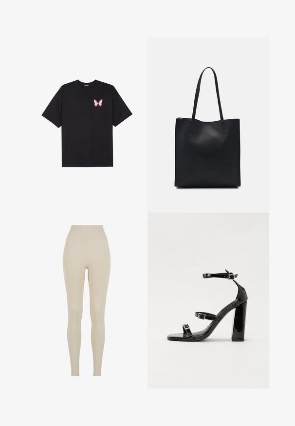 Sort bomulds T-shirt med korte ærmer, prydet med en lille pink sommerfugl grafik på venstre bryst. Rund hals design med en afslappet pasform.; Beige leggings lavet af strækbart stof med en høj talje; glat tekstur, tætsiddende silhuet, ingen synlige mønstre eller hardware detaljer.; Sorte patenterede hælsandaler med firkantet tå, ankelremme og sølvspænder. Har en chunky blokHæl for stabilitet.; Sort læder tote taske med glat tekstur, rektangulær form og to lange hanke. Ingen synlig hardware eller udsmykninger.