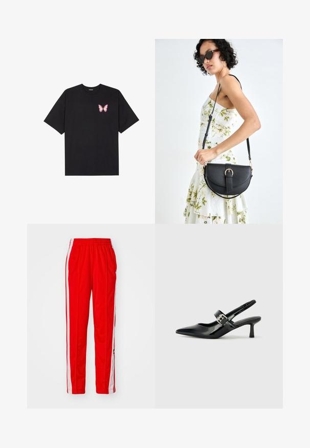 Črna bombažna majica s kratkimi rokavi, ki ima majhen roza metuljček na levi strani prsnega dela. Majica s krožnim ovratnikom in sproščenim krojem.; Rdeče atletske hlače z belimi stranskimi črtami, elastičnim pasom, ravnim krojem, gladko teksturo in subtilno logotipno podrobnostjo blizu roba.; Črne patent usnjene slingback pete s koničastim nosom in majhnim blok peto, ki vključujejo srebrno zaponko na traku.; Črna usnjena torbica s ukrivljeno obliko, z odstranljivo naramnico in zlatimi dodatki. Torbica ima pokrov s podrobnostmi v obliki zaponke.