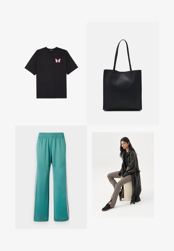 Čierne bavlnené tričko s krátkymi rukávmi, s malým ružovým motýlikom na ľavej hrudi. Design s okrúhlym výstrihom a uvoľneným strihom.; Tyrkysové tepláky s elastickým pásom, širokými nohavicami a bočnými prúžkami v námořníckej modrej a bielej farbe. Hladká tkanina s matným povrchom.; Čierny kožený trenčkot, priliehavý čierny top, hnedé priliehavé nohavice a čierne tenisky. Model sedí na kocke s dlhými rovnými vlasmi.; Čierna kožená taška na rameno s hladkým povrchom, obdĺžnikovým tvarom a dvoma dlhými uchami. Bez viditeľného kovania alebo ozdôb.
