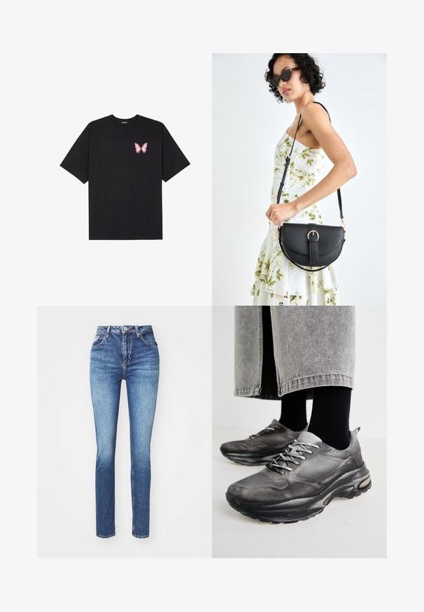 Crna pamučna majica s kratkim rukavima, s malim grafičkim prikazom ružičaste vjetricaste s desne strane na prsima. Dizajn s okruglim izrezom i opuštenim krojem.; Svijetloplave traperice s visokim strukom, ravnog kroja, klasičnim dizajnom s pet džepova i suptilnim izblijeđivanjem. Detalji u bakrenoj boji na dugmetu i šavovima.; Crne i sivo sportske cipele imaju mrežastu gornjište, debele potplate i vezice. Imaju zaobljen vrh i vidljive detalje s jastučićima.; Crna kožna torba s lukovitim oblikom, odvojivim remenom i zlatnim detaljima. Torba ima preklop s kopčom.