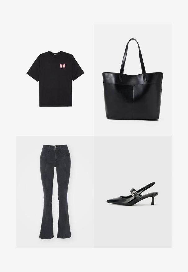 Črna bombažna majica s kratkimi rokavi, ki ima majhen roza metuljček na levi strani prsnega dela. Majica s krožnim ovratnikom in sproščenim krojem.; Črne široke jeans hlače iz denima, z visokim pasom, dvema sprednjima žepoma in dvema zadnjima žepoma, z vidnimi šivi.; Črne patent usnjene slingback pete s koničastim nosom in majhnim blok peto, ki vključujejo srebrno zaponko na traku.; Črna usnjena torba z dvema dolgima ročajema, gladko teksturo in strukturirano obliko. Ima sprednji žep za dodatno shranjevanje.