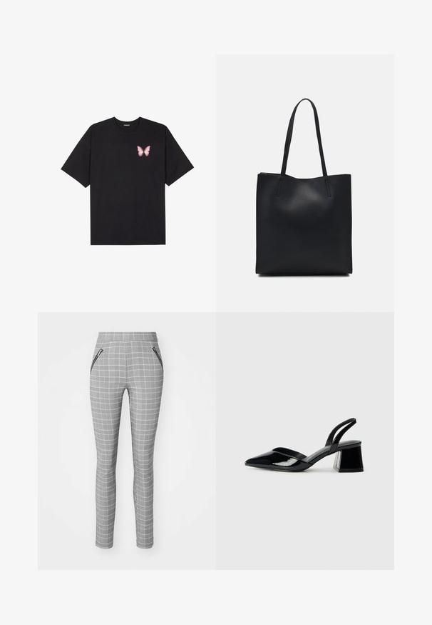 Black cotton t-shirt with short sleeves, featuring a small pink butterfly graphic on the left chest. Crew neck design with a relaxed fit.; Gray plaid trousers with a slim fit, featuring a high waist and zippered side pockets. The fabric has a smooth texture and detailed pattern.; Black patent leather slingback heels with a pointed toe and a geometric block heel. Features a sleek, minimal design and smooth texture.; Black leather tote bag with smooth texture, rectangular shape, and two long handles. No visible hardware or embellishments.