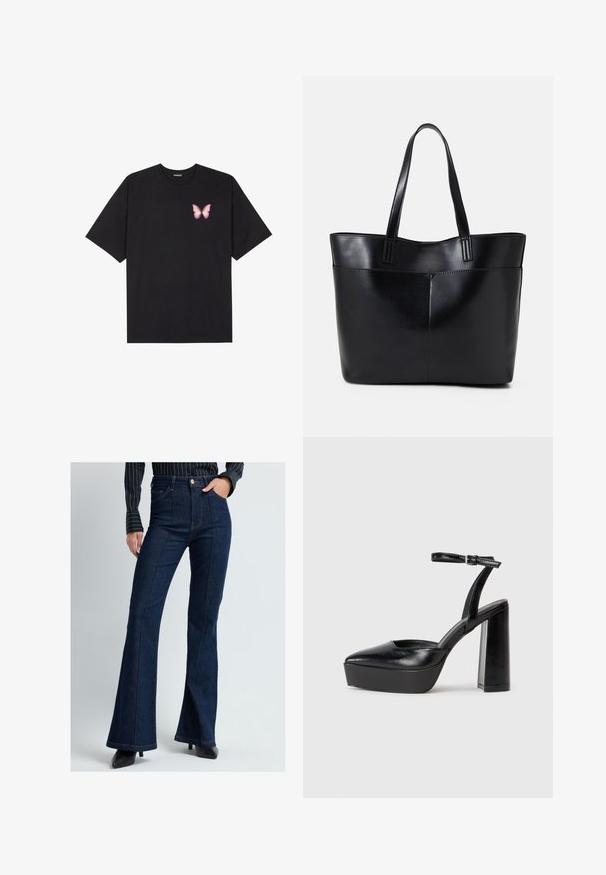 Musta puuvillapaita lyhyillä hihoilla, jossa on pieni vaaleanpunainen perhosgrafiikka vasemmassa rinnassa. Pyöreä kaula-aukko ja rento istuvuus.; Tumma siniset leveälahkeiset farkut, jotka on valmistettu denimmateriaalista. Niissä on korkeavyötärö, näkyvät saumat ja edessä napitus. Mustat korkokengät.; Mustat korkeat platform-kengät, joissa on terävä kärki ja säädettävä nilkkaremmi. Valmistettu sileästä nahasta ja varustettu paksulla lohkokorkeudella.; Musta nahkainen kassi, jossa on kaksi pitkää kahvaa, sileä pinta ja jämäkkä muoto. Sisältää etutaskun lisävarastointia varten.