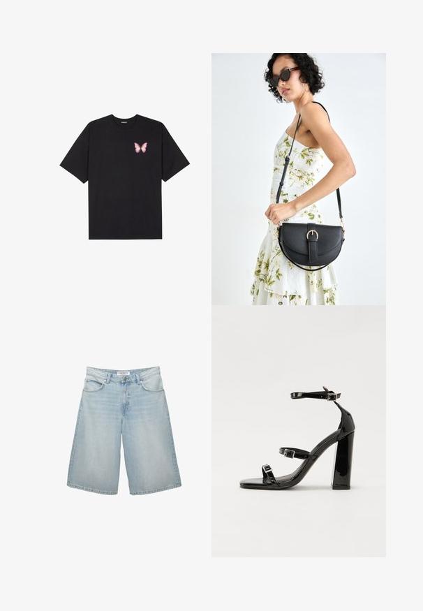 Črna bombažna majica s kratkimi rokavi, ki ima majhen roza metuljček na levi strani prsnega dela. Majica s krožnim ovratnikom in sproščenim krojem.; Svijetloplave traper šortse s širokim krojem, koji imaju pet džepova, petlju za remen i zatvarač. Glatka tekstura s laganim izbljeđivanjem.; Črne lakaste sandale z visokimi petami, z dvema trakovoma z zaponkama, kvadratnim sprednjim delom in masivno širšo peto, z gladko, sijočo teksturo.; Črna usnjena torbica s ukrivljeno obliko, z odstranljivo naramnico in zlatimi dodatki. Torbica ima pokrov s podrobnostmi v obliki zaponke.