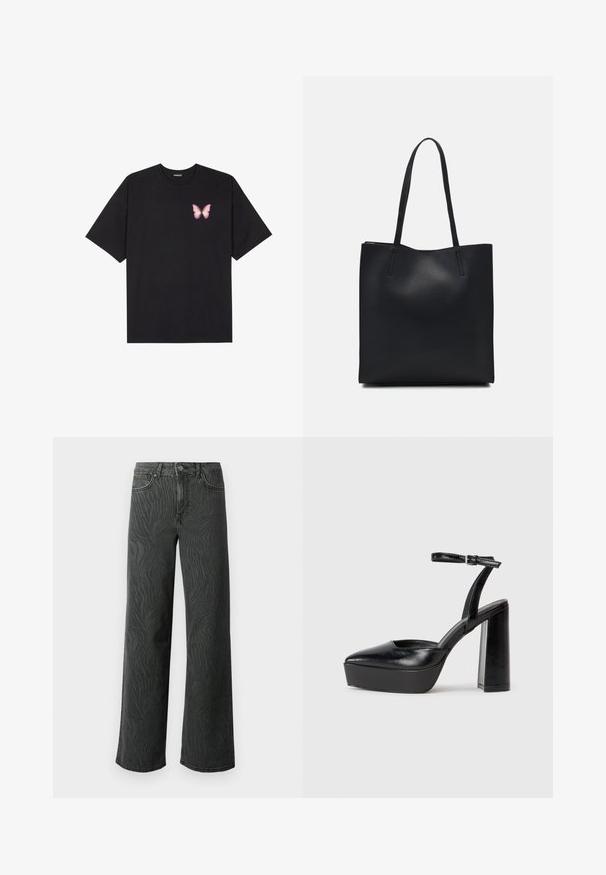 Čierne bavlnené tričko s krátkymi rukávmi, s malým ružovým motýlikom na ľavej hrudi. Design s okrúhlym výstrihom a uvoľneným strihom.; Džínsy so širokými nohavicami v tmavošedej denime, s jemnou textúrou v zebrovom vzore, kontrastným prešívaním a dizajnom s piatimi vreckami a gombíkovým zapínaním.; Čierne platformové podpätky so špicatou špičkou a nastaviteľným členkovým remienkom. Vyrobené z hladkej kože a so robustným blokovým podpätkom.; Čierna kožená taška na rameno s hladkým povrchom, obdĺžnikovým tvarom a dvoma dlhými uchami. Bez viditeľného kovania alebo ozdôb.