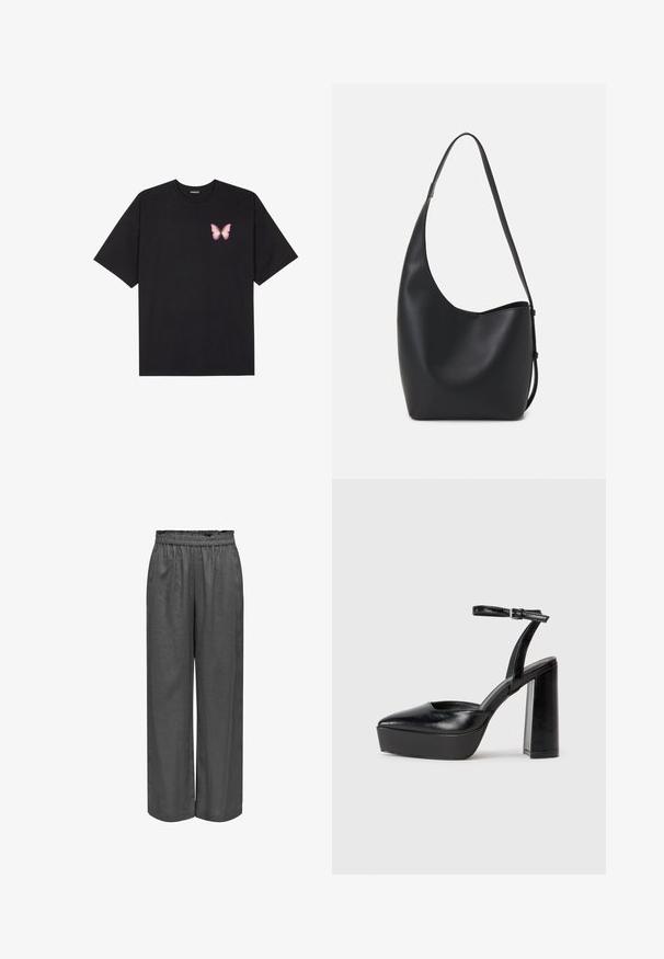 Camiseta de algodón negra de manga corta, con un pequeño gráfico de mariposa rosa en el lado izquierdo del pecho. Diseño de cuello redondo con un corte relajado.; Pantalones grises de pierna amplia, hechos de una tela suave con cintura elástica. Presenta un ajuste suelto y una textura lisa.; Zapatos de tacón negro con punta afilada y correa ajustable en el tobillo. Confeccionados en cuero suave, presentan un tacón grueso.; Bolso tipo hobo de cuero negro con una textura suave, forma curvada y una sola correa ajustable; presenta una amplia apertura en la parte superior.