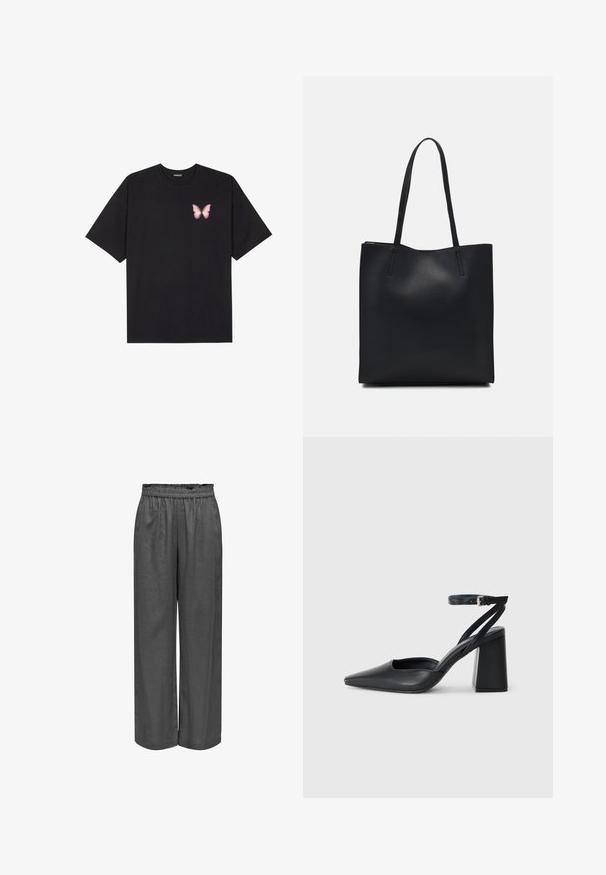 Black cotton t-shirt with short sleeves, featuring a small pink butterfly graphic on the left chest. Crew neck design with a relaxed fit.; Gray, wide-leg pants made from soft fabric with an elasticated waistband. Features a loose fit and a smooth texture.; Black leather pointy-toe pump with an ankle strap and a chunky heel. Flat texture, sleek design, and minimalistic aesthetics.; Black leather tote bag with smooth texture, rectangular shape, and two long handles. No visible hardware or embellishments.