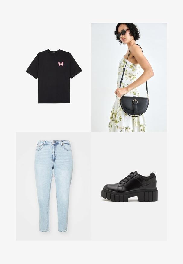 Črna bombažna majica s kratkimi rokavi, ki ima majhen roza metuljček na levi strani prsnega dela. Majica s krožnim ovratnikom in sproščenim krojem.; Svijetloplave traperice s visokim strukom, suženim nogavicama i sirovim rubom. Imaju klasični dizajn s pet džepova i zatvaranje na metalnu dugmad.; Črne usnjene platforme z debelim blokastim petam, okroglo konico in klasičnim vezanjem. Imajo gladko teksturo in minimalne podrobnosti.; Črna usnjena torbica s ukrivljeno obliko, z odstranljivo naramnico in zlatimi dodatki. Torbica ima pokrov s podrobnostmi v obliki zaponke.